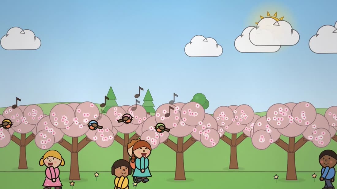 A gentle scene from The Selfish Giant: children play under pink blossom trees while birds sing