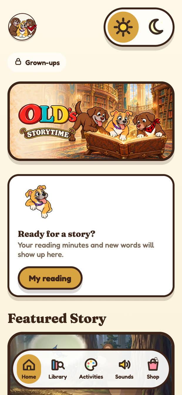 The OLD's Storytime home screen with a featured story and a reading tracker