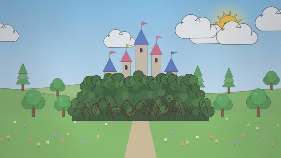A king and a messenger outside a storybook castle