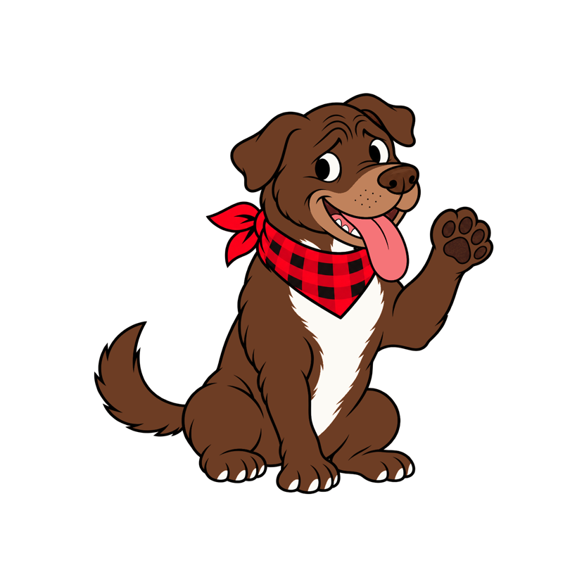 Daryl, a liver-brown pit bull in a red checked handkerchief, sitting and waving one paw