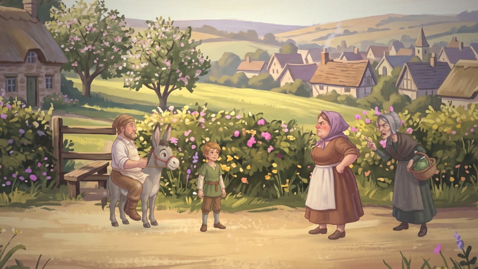 The miller and his son walk their donkey down a village lane while townspeople watch