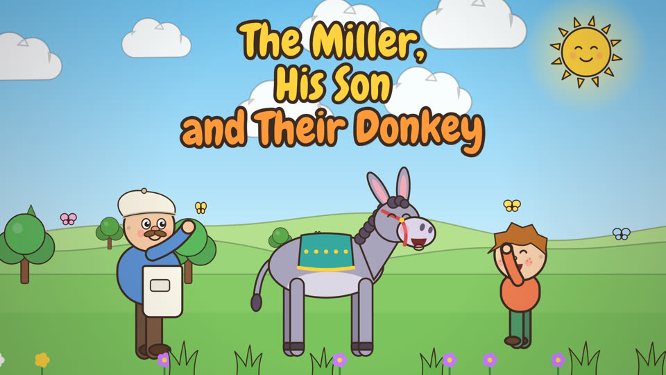 Title card: The Miller, His Son and Their Donkey, with the miller, the donkey and the boy