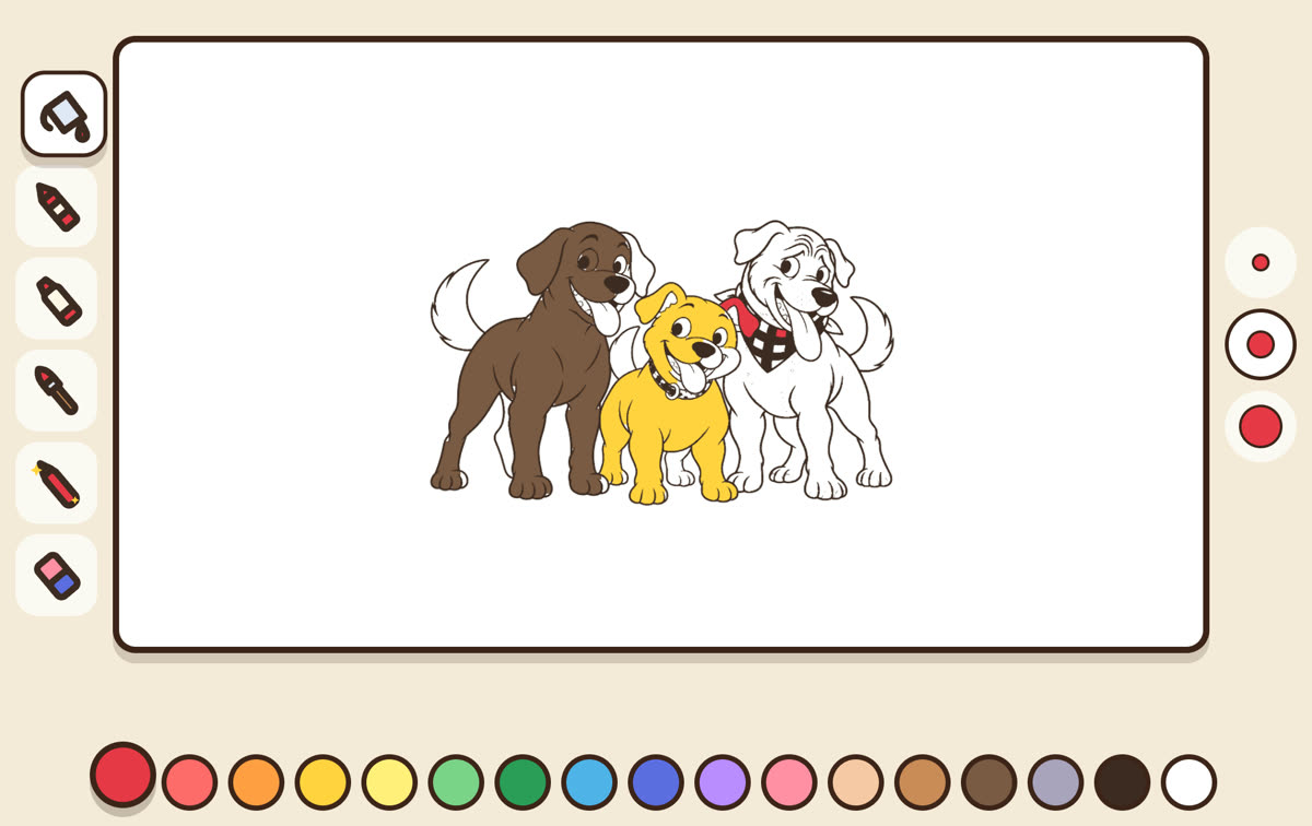 The coloring screen in the app: Oliver colored brown, Lindsay colored yellow, Daryl still white, with crayons, markers and a paint bucket