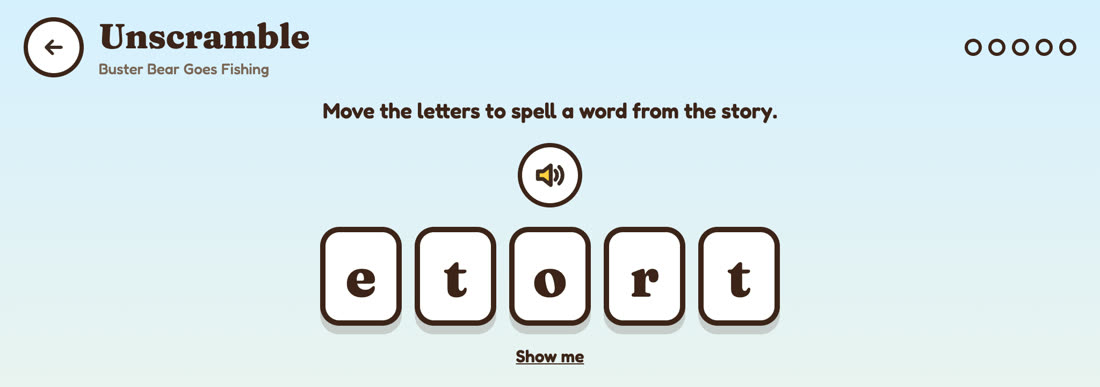 Unscramble: letter tiles to rearrange into a word from the story